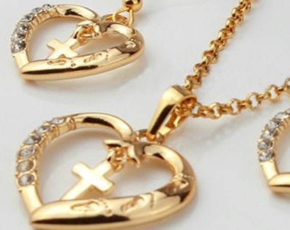 Gold Heart Necklace Jesus Footprints Interior Cross Crystal Rhinestones Petite Interior Cross Drop Dangle Earrings Pendant Crystals Wedding