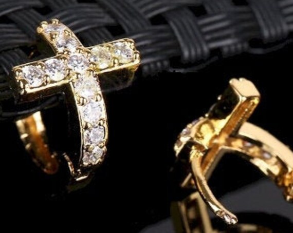 Cross Hoop Cuff Earrings Gold Silver Small Hinged Design CZ Look Classic Rhinestones Alluringly Cross for Girls Jewelry for Women Jewellery