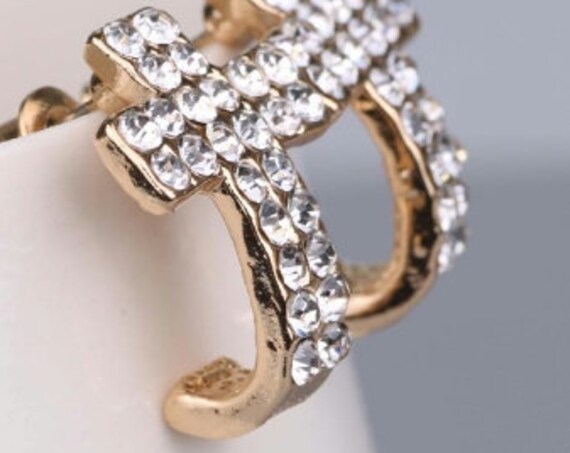 Gold Cross Earrings Stud Silver Gold Two Row Rhinestones Cuff Earrings Post Classic Crosses Modern Womans jewellery Girls Christian Jewelry