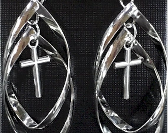 Silver Double Twist Hoop with Hollow or Classic Cross Earrings Long Drop Dangle Womans Girls Christian Jewelry - Saint Michaels Jewelry