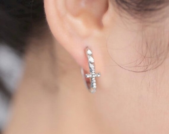 Silver Cross Hoop Stud Earrings Post Set Off Classic Rhinestone jewellery Crosses of Jesus Christian Jewelry for Modern Wedding Womans Girls