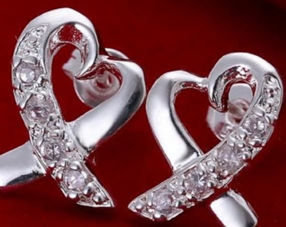 Silver Heart Earrings with Crystal Accents CZ look with Cross your Heart Design Style Jewelry for Weddings Bridesmaids Jewellery for Women