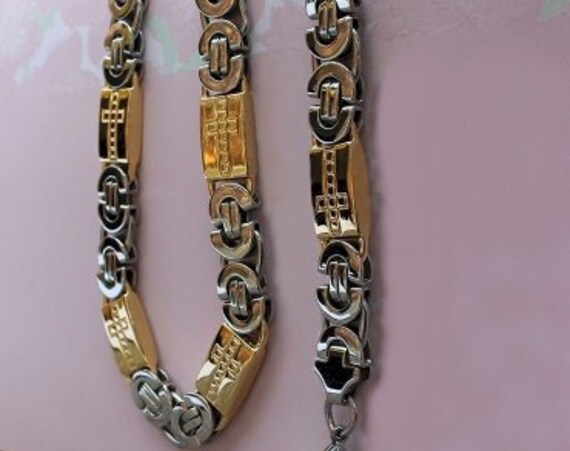 Silver Gold Byzantine Style Link Cross Necklace Bracelet Mens Super Heavy Chain Christian Jewelry