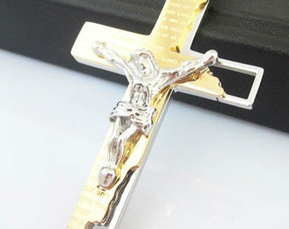 Crucifix Cross for Men Necklace Lords Prayer Silver Gold Hip Hop Heavy Stainless Steel Chain Thick Braided Rope Jewelry Jewellery Jesus