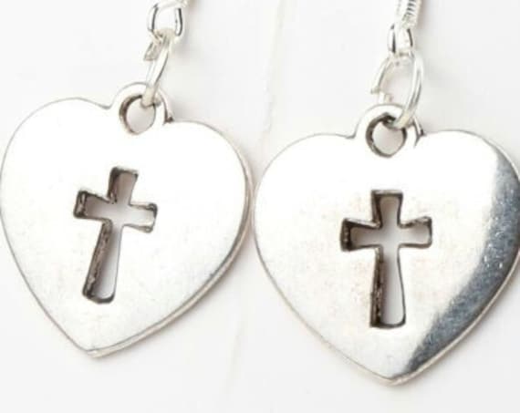 Silver Heart Earrings and Necklace Hollow Cross Cast Pendant for Woman Girls Christian Jewelry - Saint Michaels Jewelry jewellery