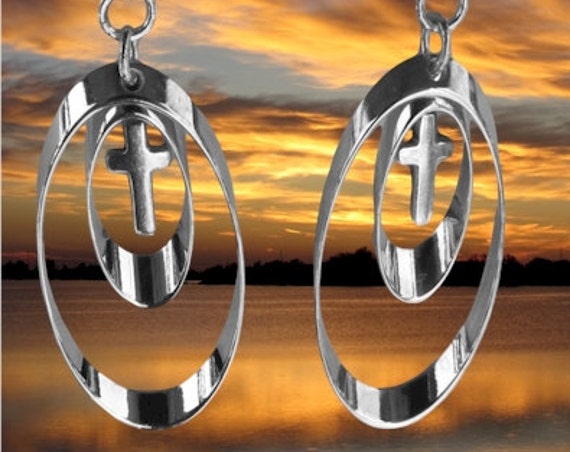 Silver Double Hoop Tiny Cross Earring Necklace Pendant Set Womans Girls Wedding Christian Jewelry - Saint Michaels Jewelry