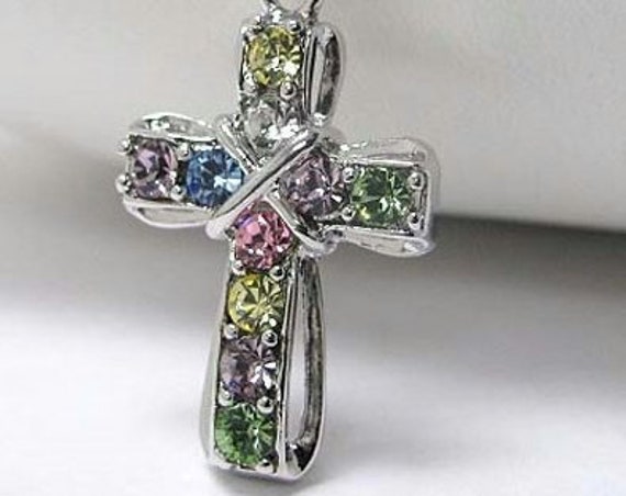 Mixed Color Cross Necklace Silver Crystal Multi Colored Rhinestone Pendant for Girls Women with Chain Christian Jewelry jewellery Fashion