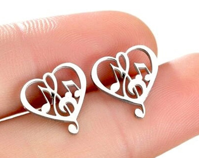 Silver Heart Music Note Stud Earrings music aficionado band member music teacher Womans Girls Hypoallergenic Waterproof Stainless Steel