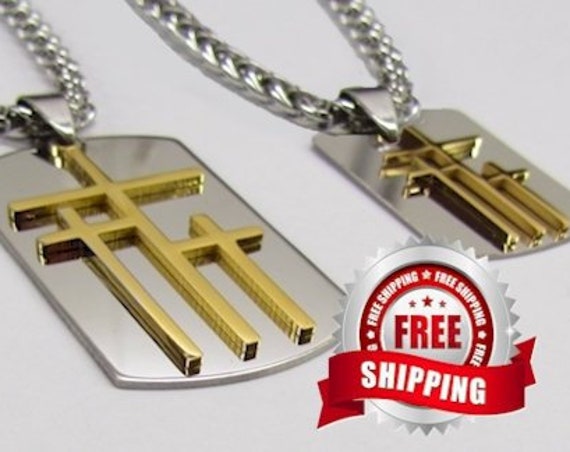 3 Crosses Dog Tag Silver Gold Calvary 3 Triple Cross Medallion Stainless Steel Heavy Braided Chain Three Crosses on Calvary Cross Jesus