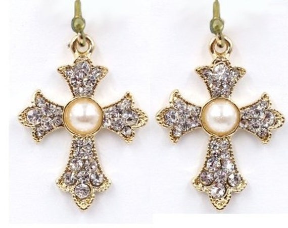 Gold Inspirational Pearlescent and Rhinestone Studded Cross Earring Womans Girls Wedding Christian Jewelry
