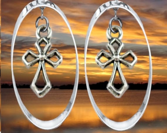 Silver Hoop & Hollow Cross Earring Necklace Pendnat Drop Dangle Set Women Girls Christian Jewelry - Saint Michaels Jewelry