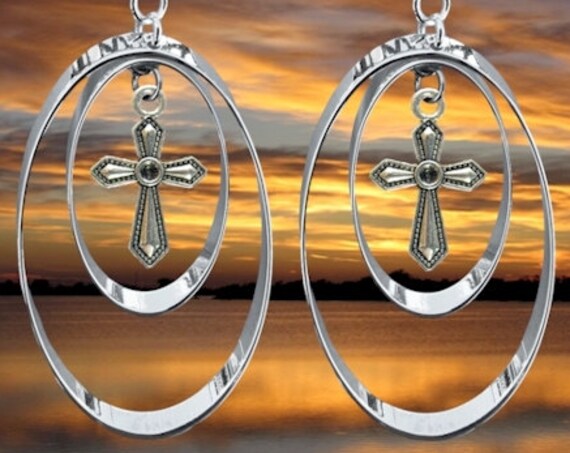 Silver Double Hoop Cross Earrings Necklace Pendant Set Drop Dangle Womans Girls Christian Jewelry - Saint Michaels Jewelry