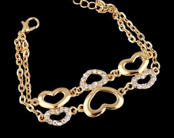 Heart Bracelet Gold Bangles Rhinestones Cuff Double Chain Jewelry for Girls Jewellery for Woman