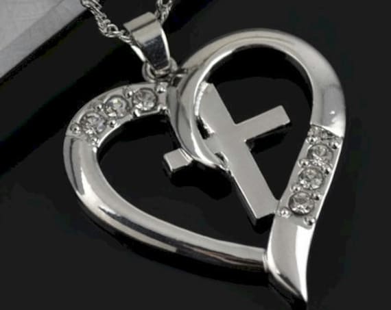 Silver Heart Cross Necklace Crystal Rhinestones CZ Look Petite Interior Cross Jewelry for Woman Jewellery for Girls
