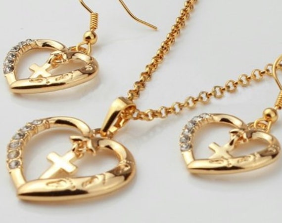 Gold Heart Jesus Footprints Crystal Rhinestones Petite Interior Cross Drop Dangle Earrings Pendant Hope Inlaid Crystals Wedding WOMEN