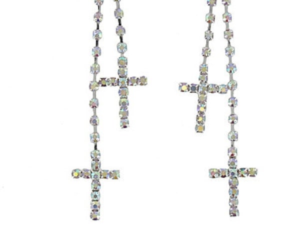 Cross Earrings Double Tassel Boho Dangle Dichroic Wedding Party Aurora Borealis Rhinestone Crystal Inlaid Cross of Jesus Jewelry Woman Girls