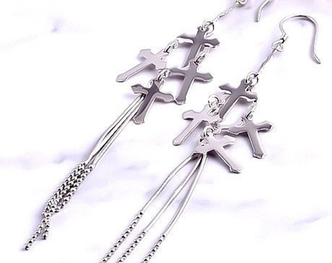 Solid Sterling Silver 3 Strand Cross Tassel Earrings Chain Dangle Studs Antiqued S925 Boho Wedding Jewelry Simple Cross of Jesus Crucifix