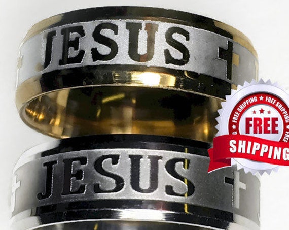 Rings Silver Gold Wide Cross of Jesus Name 8mm Width Stainless Steel Band Rings for Men Boys Women Girls Wedding Rings Jewelry Jewellery