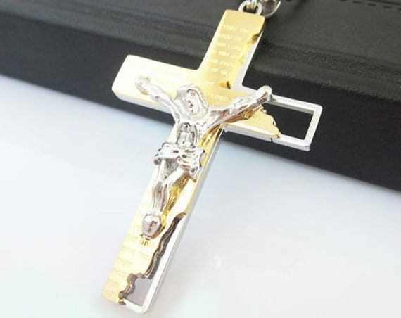 Silver and Gold Vintage Gothic Crucifix Necklace in Stainless Steel with Heavy Braided Rope Chain
