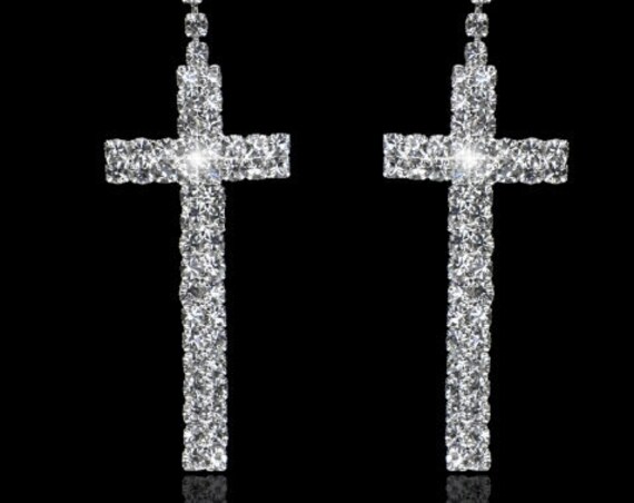 Silver Rhinestone Double Row Cross Stud Earring Dangle Women Girls Weddings