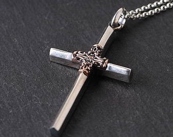 Thick Solid Sterling Silver Cross Pure 925 Inlaid with Copper Accent Necklace for Men Old World Silver Necklace Cross Super Box Chain Jesus