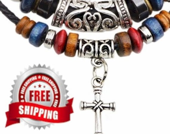 Boho 2 Strand Wood Bead Alloy Cross Charms Pendant Necklace For Women Men Christian Jewelry - Saint Michaels Jewelry - Calvary Three Cross