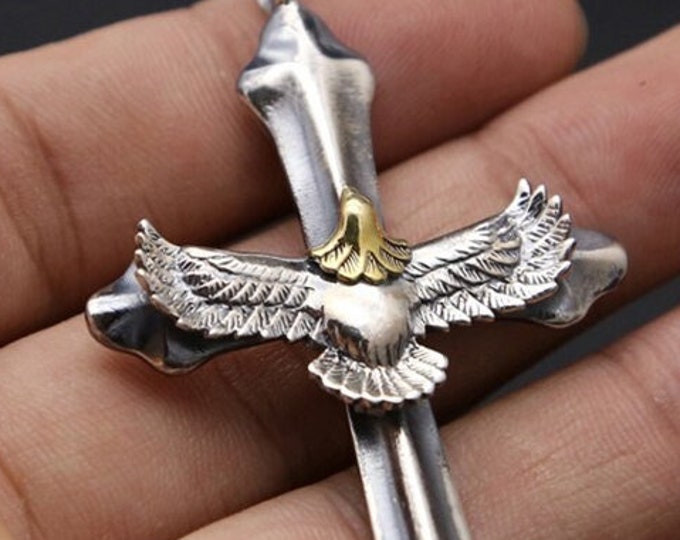Eagle Cross Solid Sterling Silver S925 Eagle Feather Cross Necklace Antiqued Western Style S925 Pendant for Men Cast Jewelry Heavy Chain