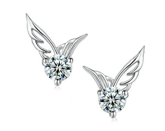 Tiny Silver Cast Stud Angel Wing Earring Elegant Sparkling Rhinestone Modern Womans Girls Christian Jewelry - Saint Michaels Jewelry