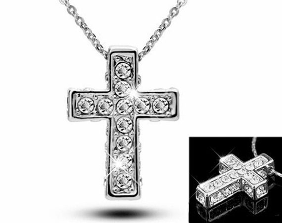 Silver Rhinestones Front and Sides Cross Necklace Pendant Christian Art Jewelry