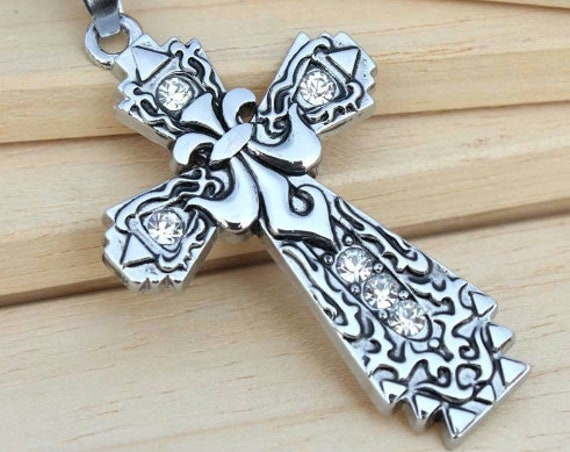 Classic Timeless Awesome Heavy Silver Vintage Gothic Filigree Rhinestone Alloy Cross Silver Cast Celtic Viking Heavy Braided Rope Chain