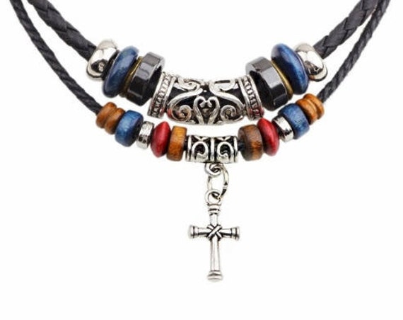Boho 2 Strand Leather Cross Bohemian Necklace Wood Bead Charms Pendant Necklace For Men Christian Jewelry for Women jewellery for Girls