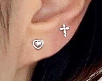 Dainty Tiny Cross Heart Earring Set Small Silver Cast Stud Modern Design Women Girls Christian Jewelry jewellery Cross of Jesus