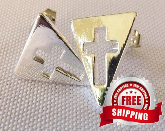 Triangle Stud Cross Earrings for Women Tiny Silver Gold Post Cast Modern Design Womans Girls Christian Jewelry Jewellery Cross of Christ