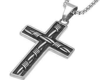 3D Barbed Wire Crucifix Cross Catholic Orthodox Waterproof Stainless Steel Box Chain Necklace for Men Gold Black hip hop Jesus