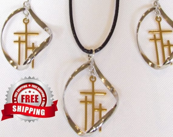 3 Crosses Twist Hoop Earrings Necklace Silver Gold Calvary Triple Cross of Jesus Drop Dangle Womans Christian Jewelry Jewellery