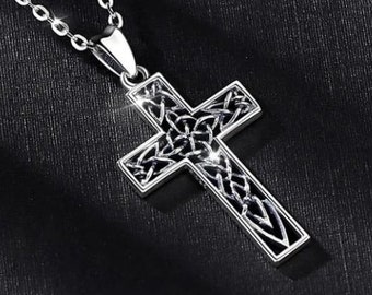 Irish Celtic Solid Sterling Silver Cross Necklace S925 Pendant for Women Cast Jewelry link Chain Jewellery for Girls