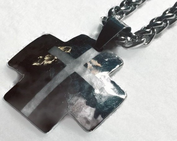 Silver Iron Cross Pendant Heavy Chain Necklace Hand Hammered Mens Boys Christian Jewelry Three Crosses on Calvary