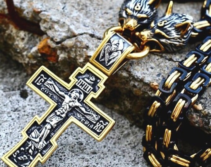 Ancient Gothic Crucifix Double Wolf Head Eastern Orthodox Russian Cross All Stainless Steel Viking Jesus