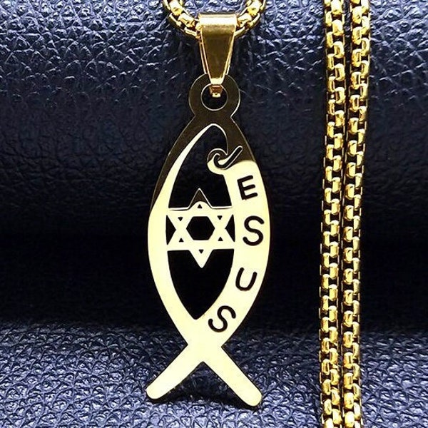 Jesus Fish Star of David Necklace Silver Stainless Steel and Box Chain Silver Ichthus Ichthy Jewish jewellery