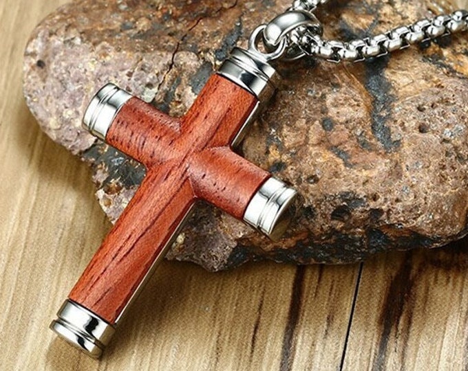 Rosewood Inlay Cross Philippians 4:13 I Can Do All Things Through Christ Who Strengthens Me Scripture Quote Stainless Steel Cross Chain wood