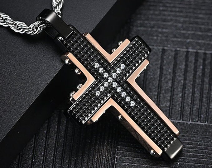 Medium Black and Gold Gothic Crucifix Cross Catholic Necklace for Men Black Jesus Gold Stainless Steel Box Chain Jewelry Boys Jewellery