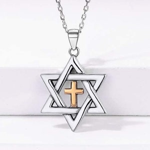 Sterling Silver Messianic Star of David with Cross Necklace Pendant Gold Cross Crucifix High Quality Necklace Jesus The Seal of Solomon