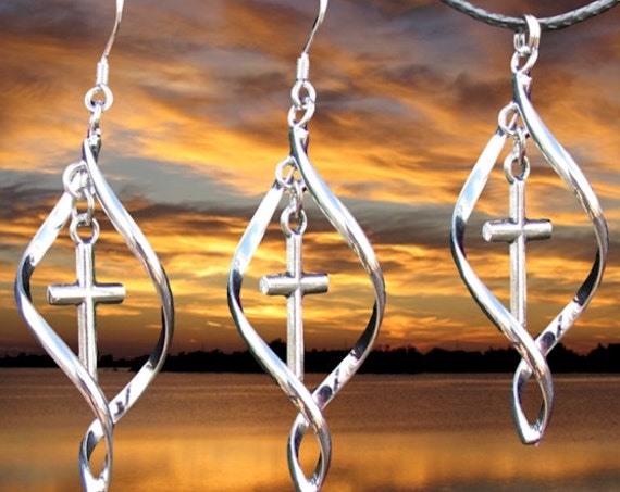 Silver Gold Twist Cross Earring and Necklace Pendant Set for Women for Girls Drop Dangle Christian Jewelry Jewellery