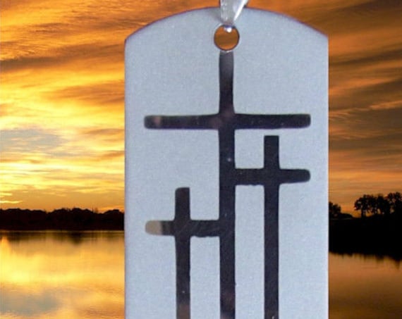 Medium Silver Calvary Three 3 Cross DogTag Pendant Heavy Chain Stainless Christian Jewelry - Saint Michaels Jewelry - Calvary Three Cross