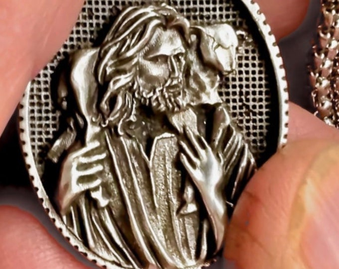 Gorgeous Jesus Shepherd Carrying a Sheep Lamb Antiqued Tin Medal Cast Medallion Integrated Bail with Cross