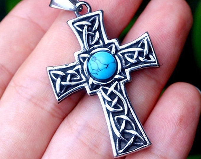 Reversible Silver Cross Necklace Celtic Irish Knot Red Blue Stone Catholic Crucifix Super Cross Vintage Filigree Viking Heavy Braided Chain
