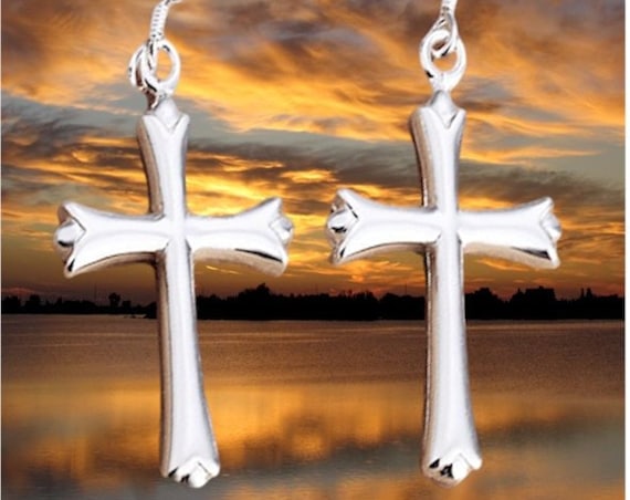Silver Cast Cross Sterling Silver Earring Necklace Pendant Set Women Girls Drop Dangle Christian Jewelry