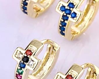 Tiny Cuff Cross Earrings Gold Silver Sapphire Rainbow Colored CZ Blue Small Hinged Design Classic Alluringly Girls Jewelry for Women