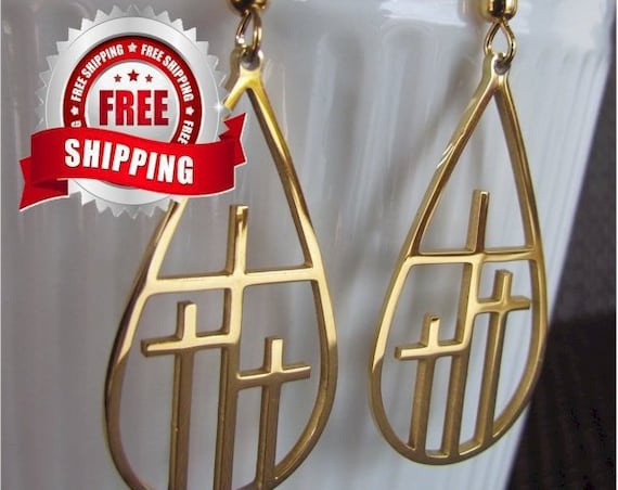 Silver Gold 3 Crosses Drop Earrings Necklace Teardrop Hoop Calvary 3 Triple Three Cross Pendant for Women Girls Christian Jewlery Jewellery