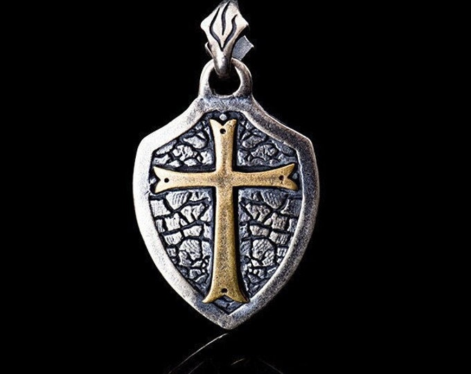 Solid Sterling Silver Cross Shield Jesus Crucifix Cross Shield Necklace Calvary Biker Waterproof Medallion Mens Christian Jewelry